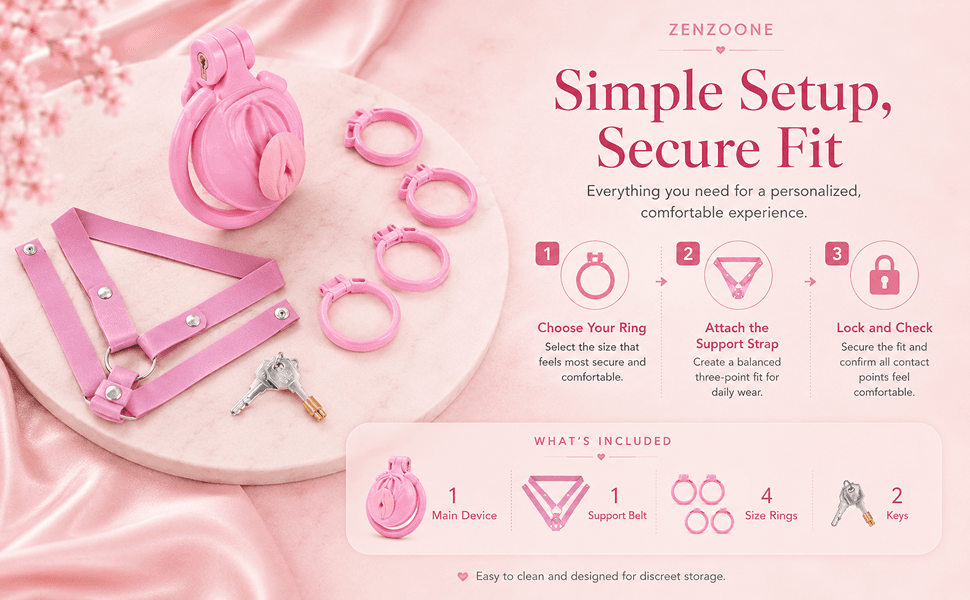 ZENZOONE setup guide showing the device, support strap, four rings and keys